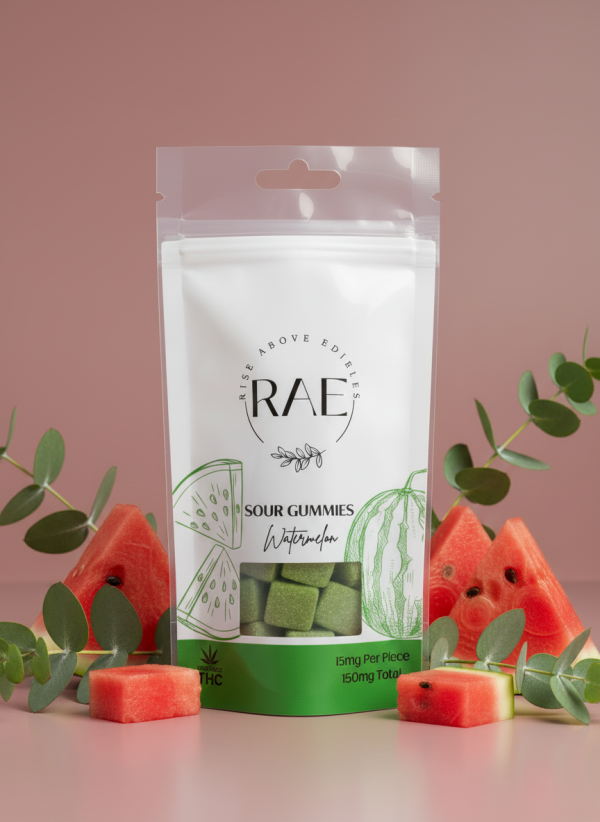 RAE Sour Gummies – Watermelon (150mg – 10 x 15mg) - Rise Above Edibles